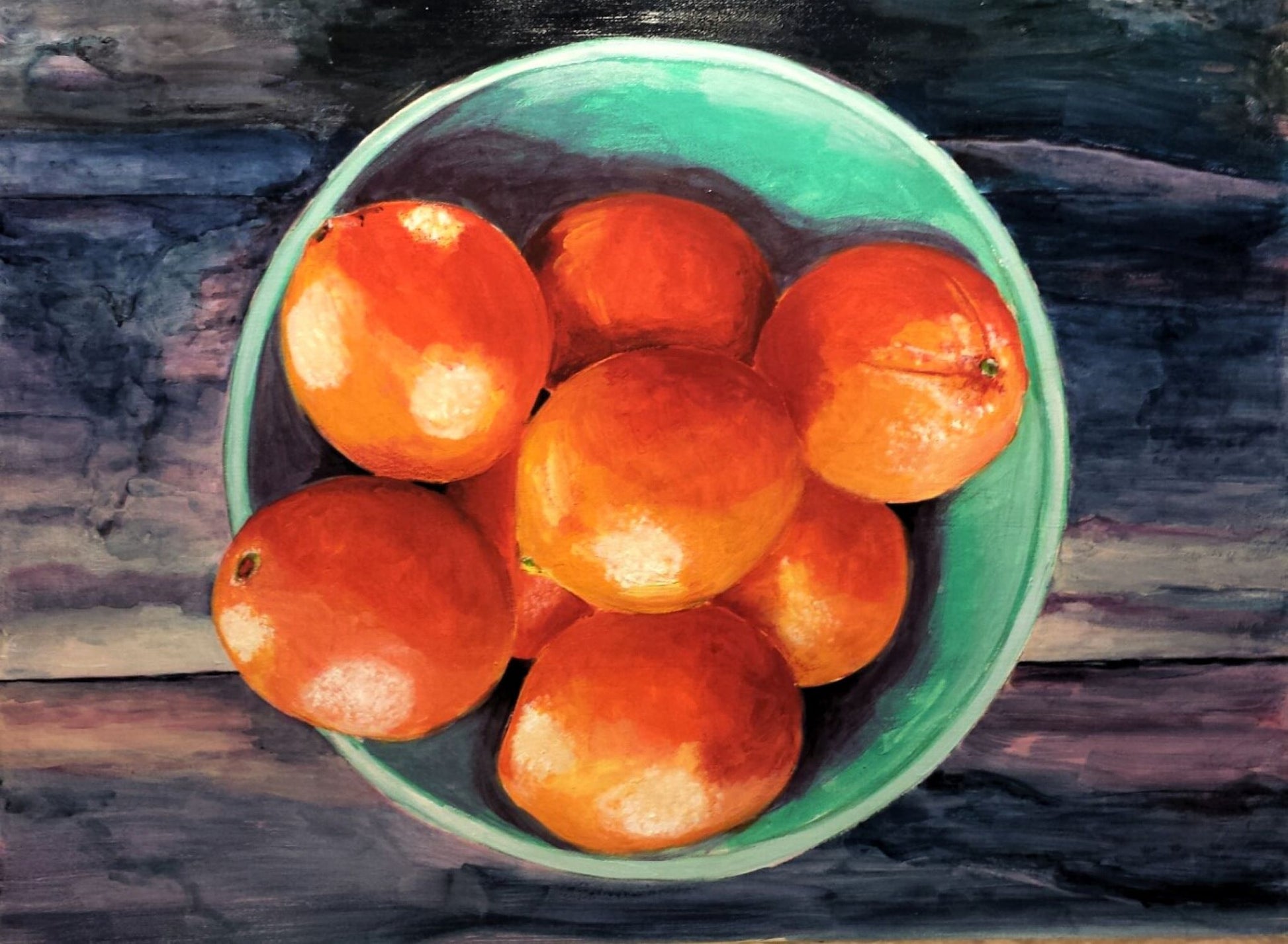 Oranges in green bowl acrylic painting