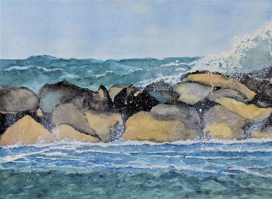 Jetty in ocean mist watercolor painting