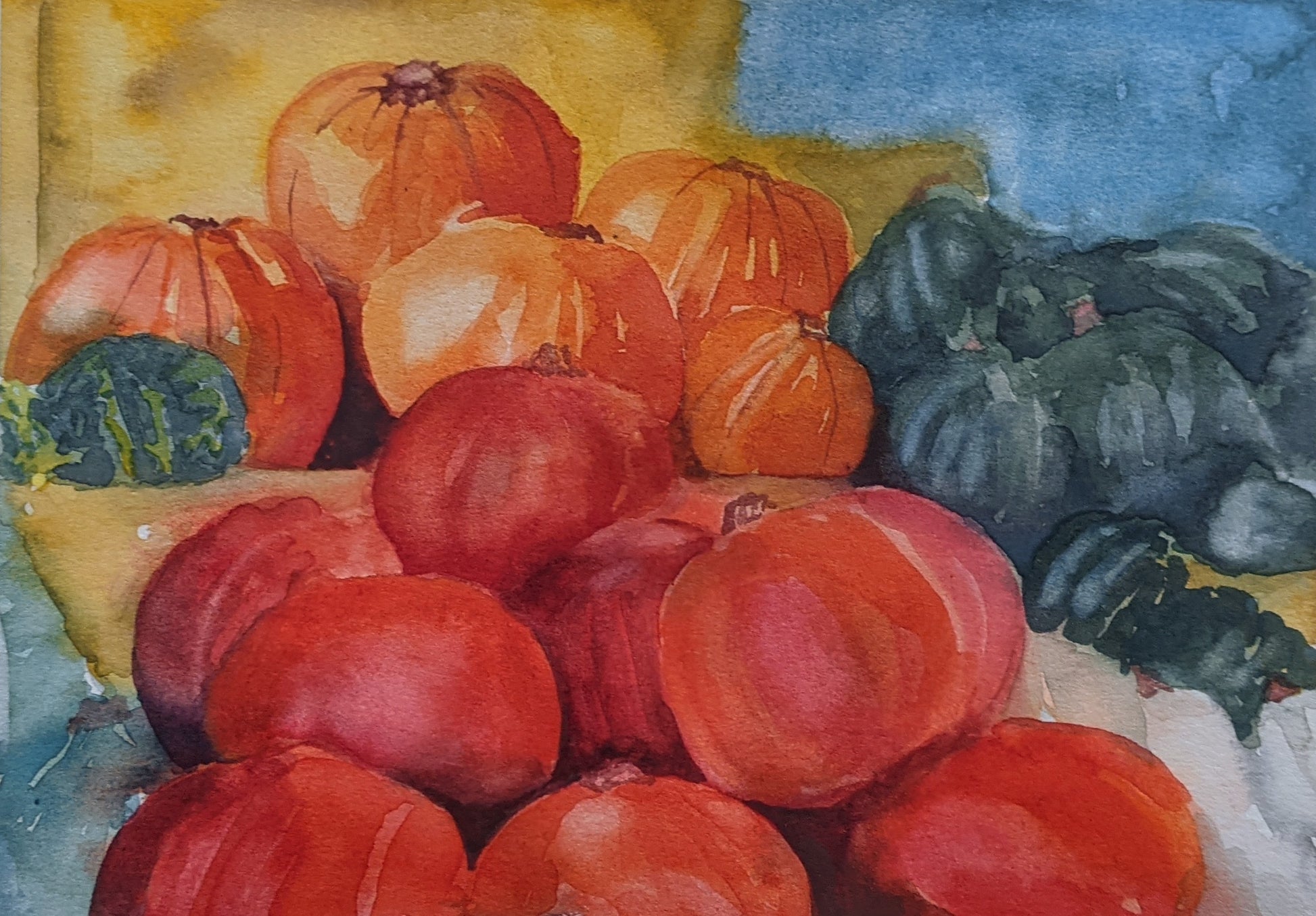 Market Pumpkins watercolor painting on paper