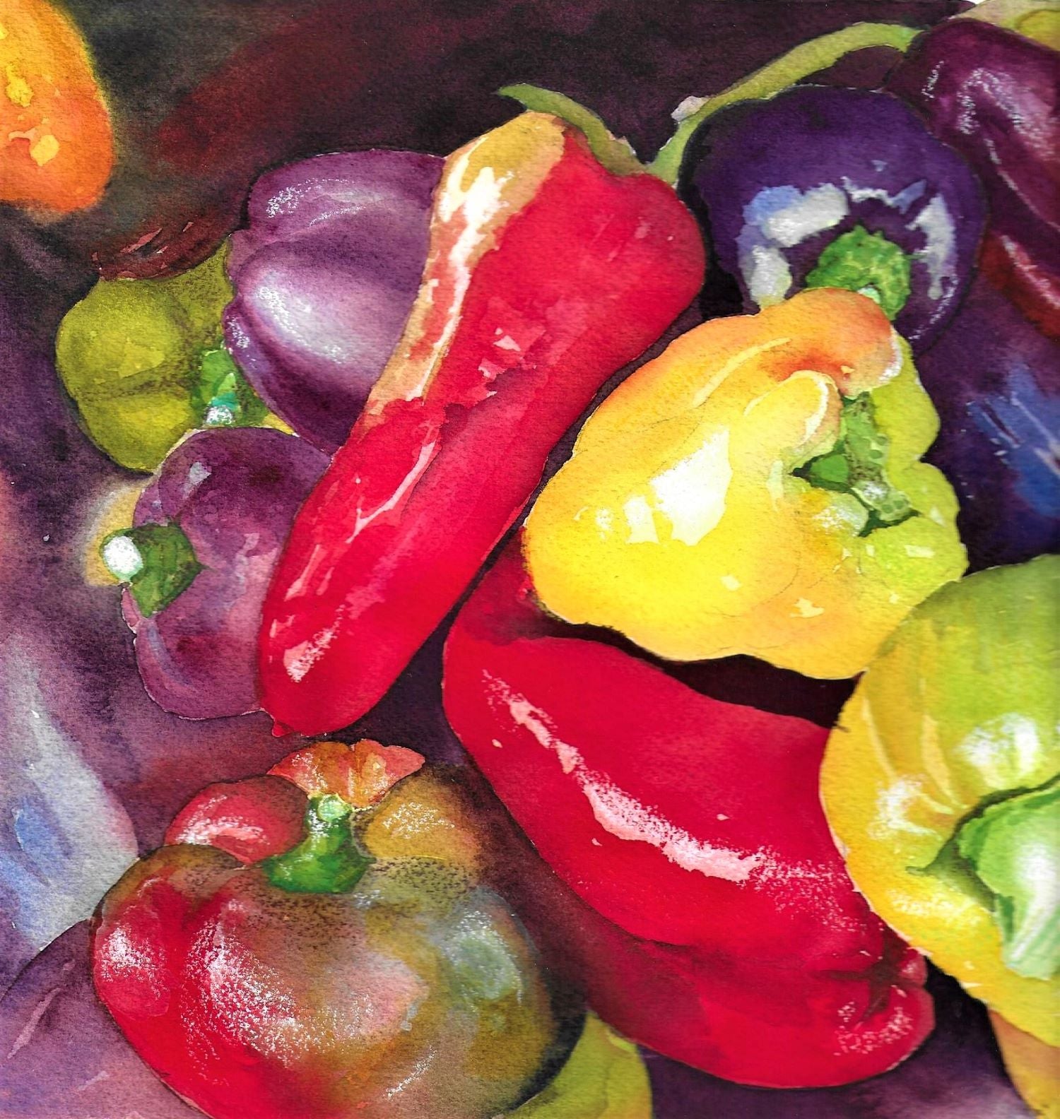 Rainbow peppers watercolor painting
