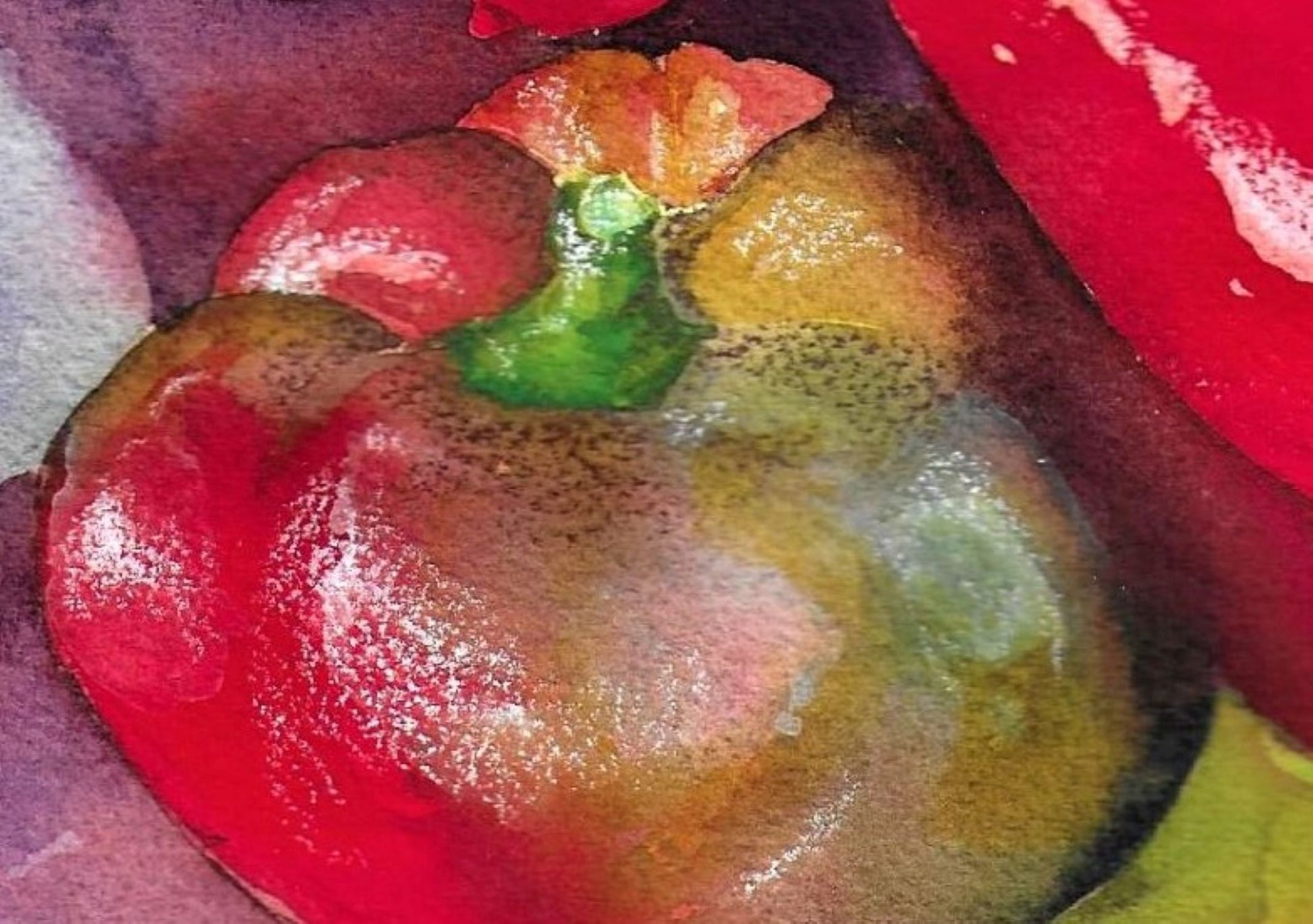 Rainbow peppers watercolor painting detail