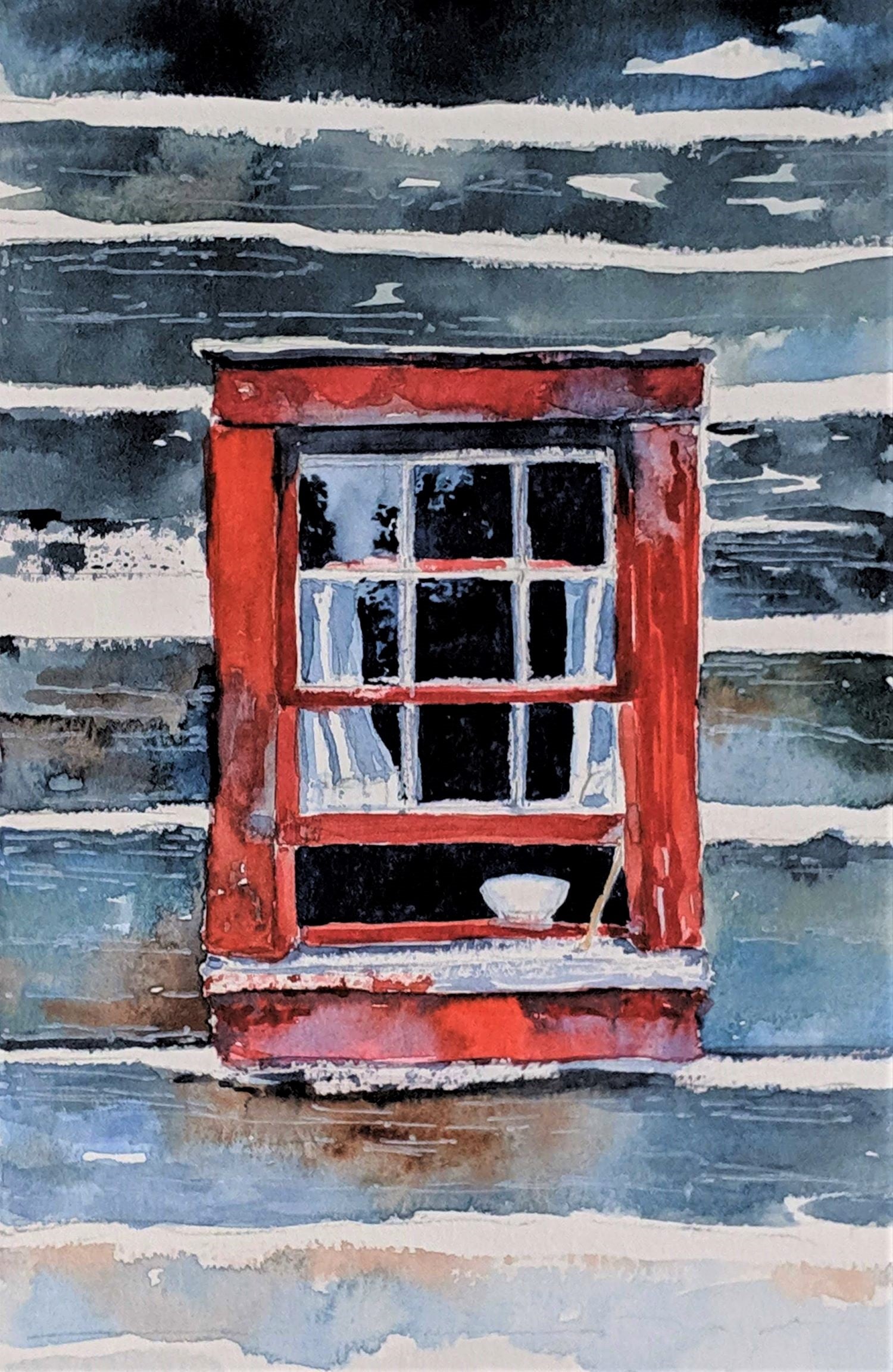 Red shutters watercolor painting
