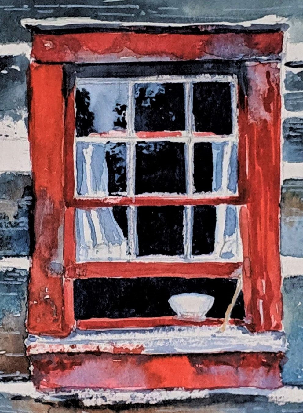 Red shutters watercolor painting detail