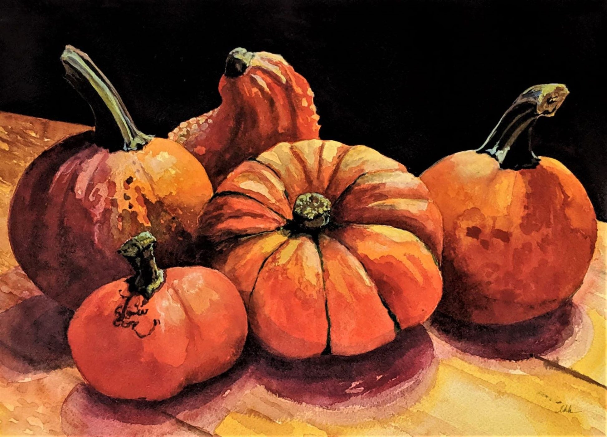 Still pumpkins watercolor painting