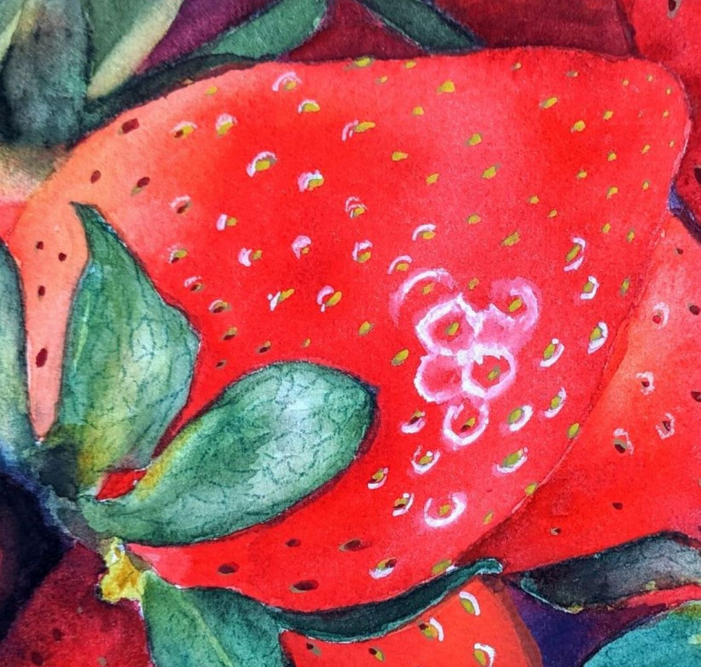 Strawberries watercolor painting detail