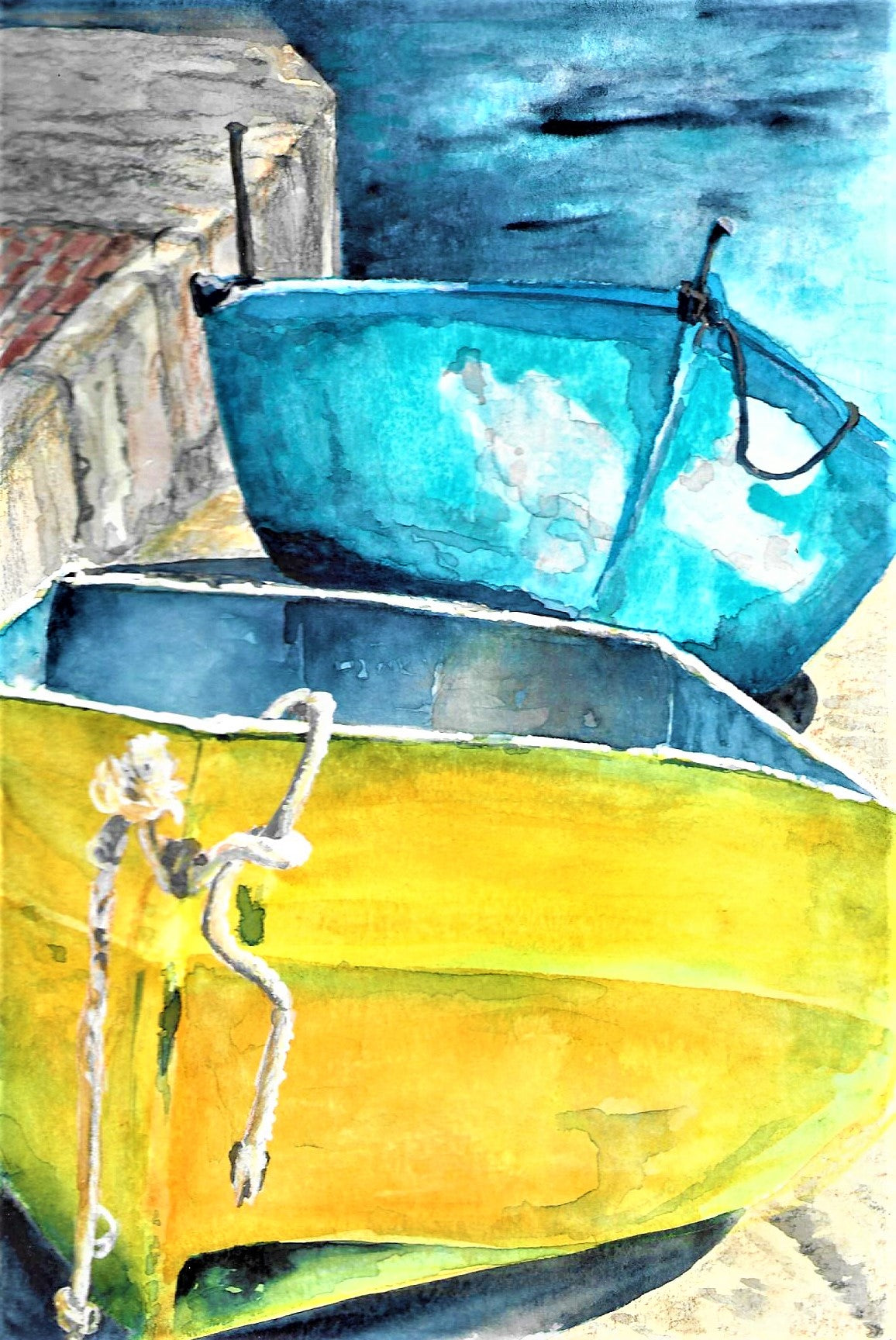 Yellow boat blue boat watercolor painting